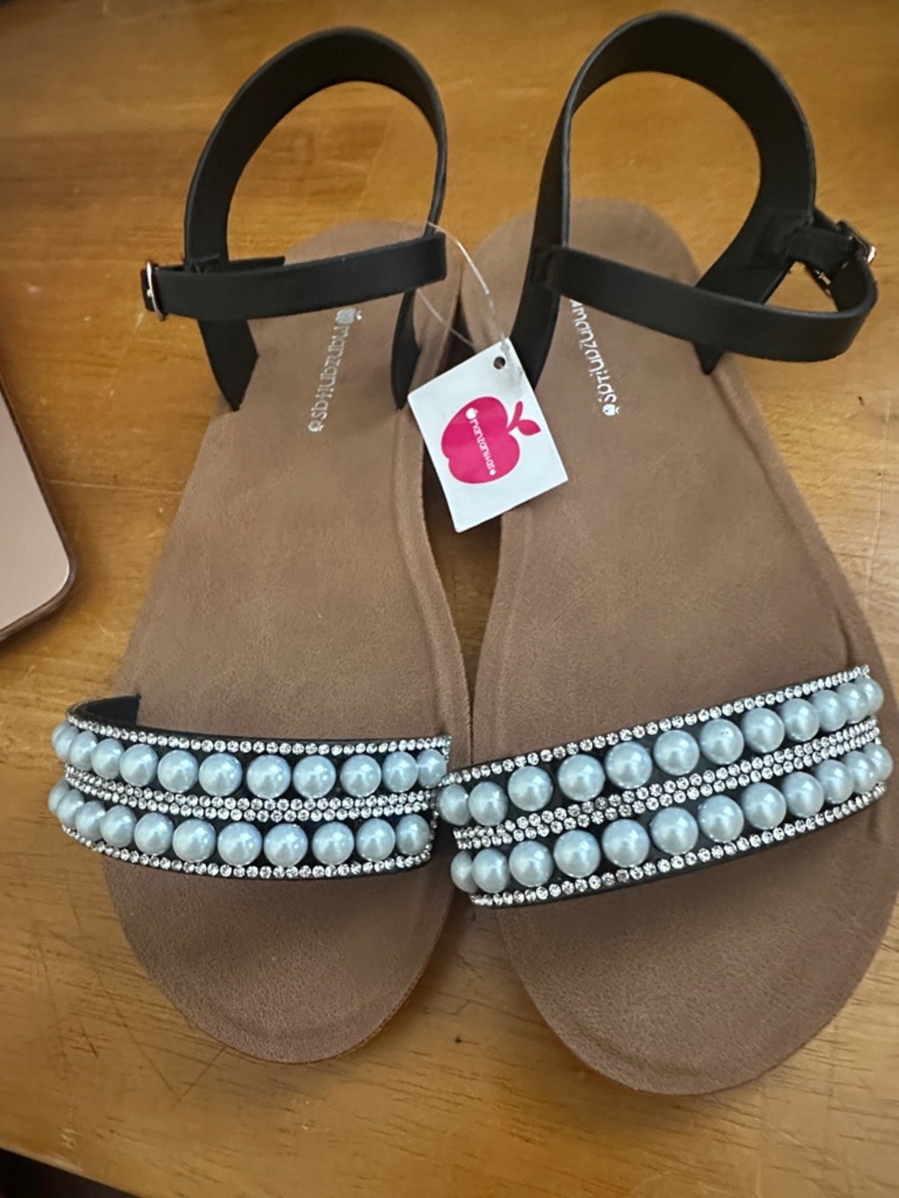 Girls' Black Pearl-Trim Ankle Strap Sandals